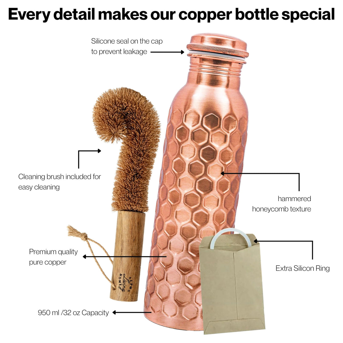 Copper Water Bottle 32 Oz Extra Large, Real Copper Drinking Bottle, Honeycomb Ayurvedic Bottle for Drinking Water, Leak Proof Vessel with Cleaning Brush, Home Office Use