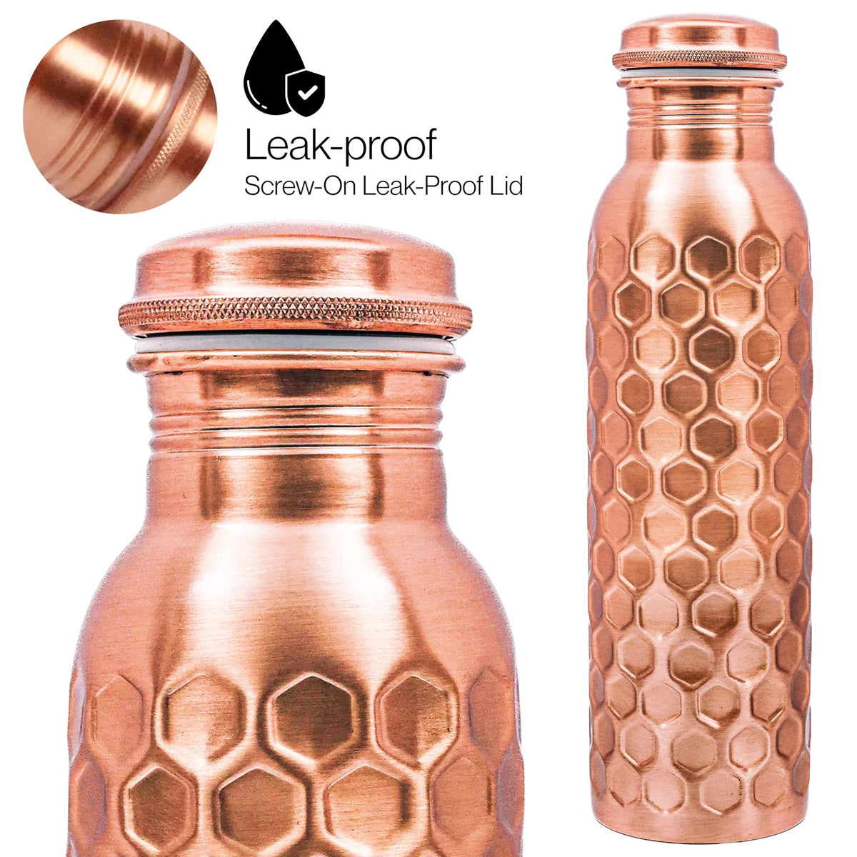 Copper Water Bottle 32 Oz Extra Large, Real Copper Drinking Bottle, Honeycomb Ayurvedic Bottle for Drinking Water, Leak Proof Vessel with Cleaning Brush, Home Office Use