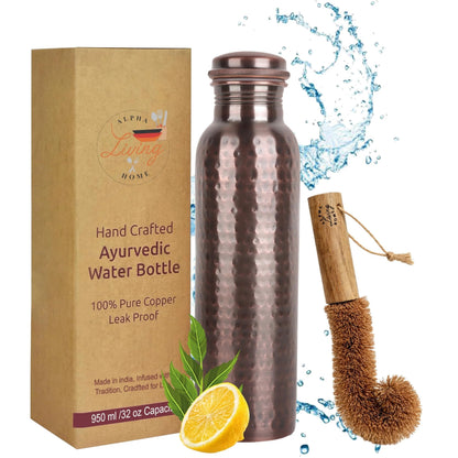 Copper Water Bottle 34 Oz Extra Large, Real Water Bottle, Pure Copper Drinking Bottle, Antique Hammered Ayurvedic Bottle for Drinking Water, Leak Proof Cap with Cleaning Brush