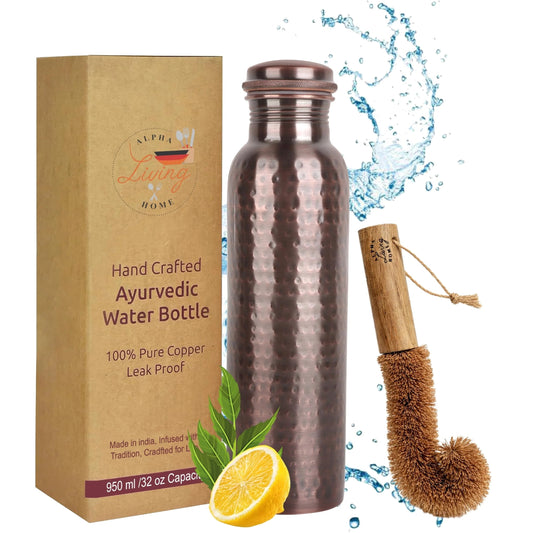 Copper Water Bottle 34 Oz Extra Large, Real Water Bottle, Pure Copper Drinking Bottle, Antique Hammered Ayurvedic Bottle for Drinking Water, Leak Proof Cap with Cleaning Brush