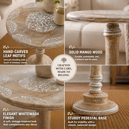 ALPHA Living Home Solid Wood End Table, Whitewash Flowers Small Round Side Table, 18 x 22 Inch Wooden Accent Nightstand for Living Room, Bedroom, Sofa Side & Bedside