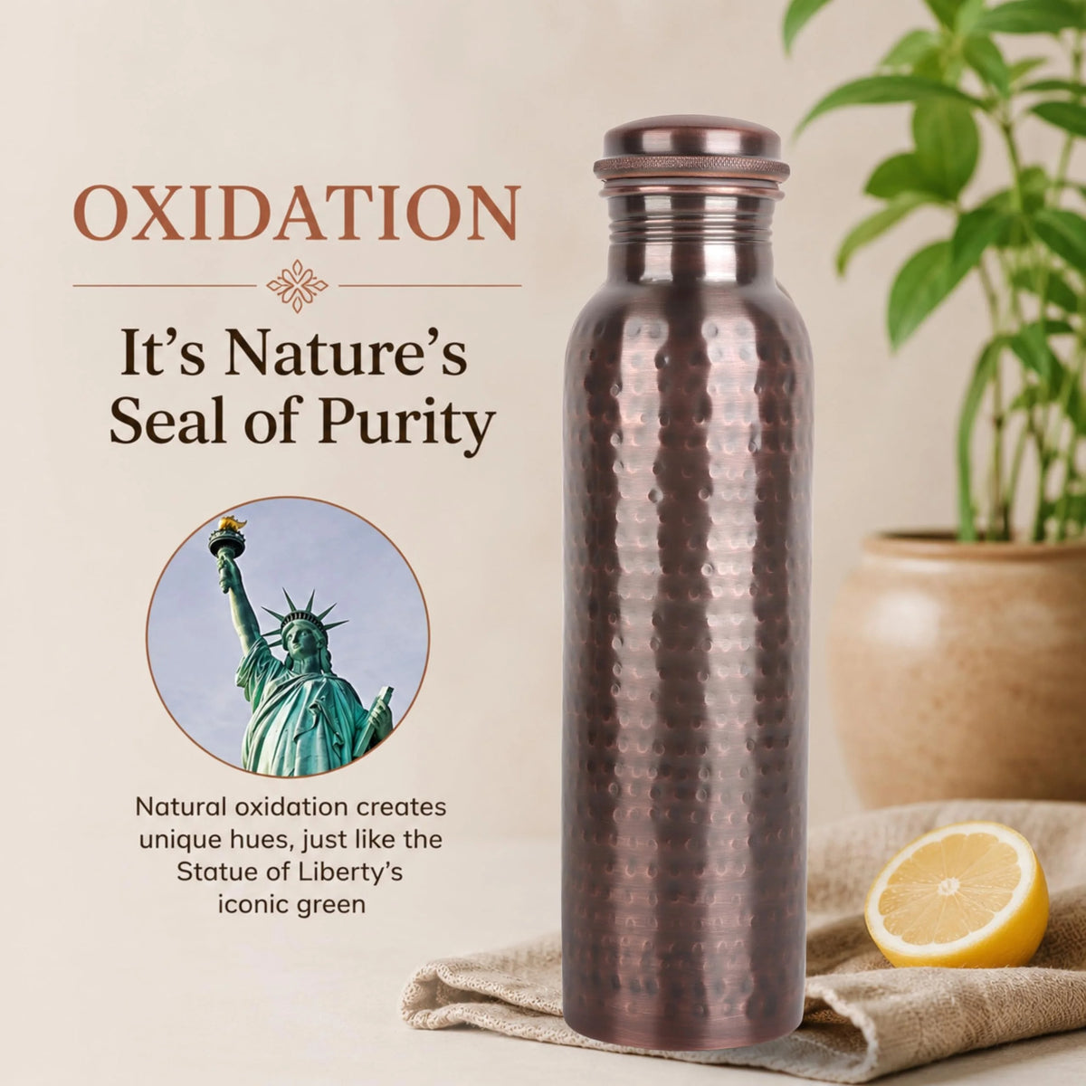 Copper Water Bottle 34 Oz Extra Large, Real Water Bottle, Pure Copper Drinking Bottle, Antique Hammered Ayurvedic Bottle for Drinking Water, Leak Proof Cap with Cleaning Brush
