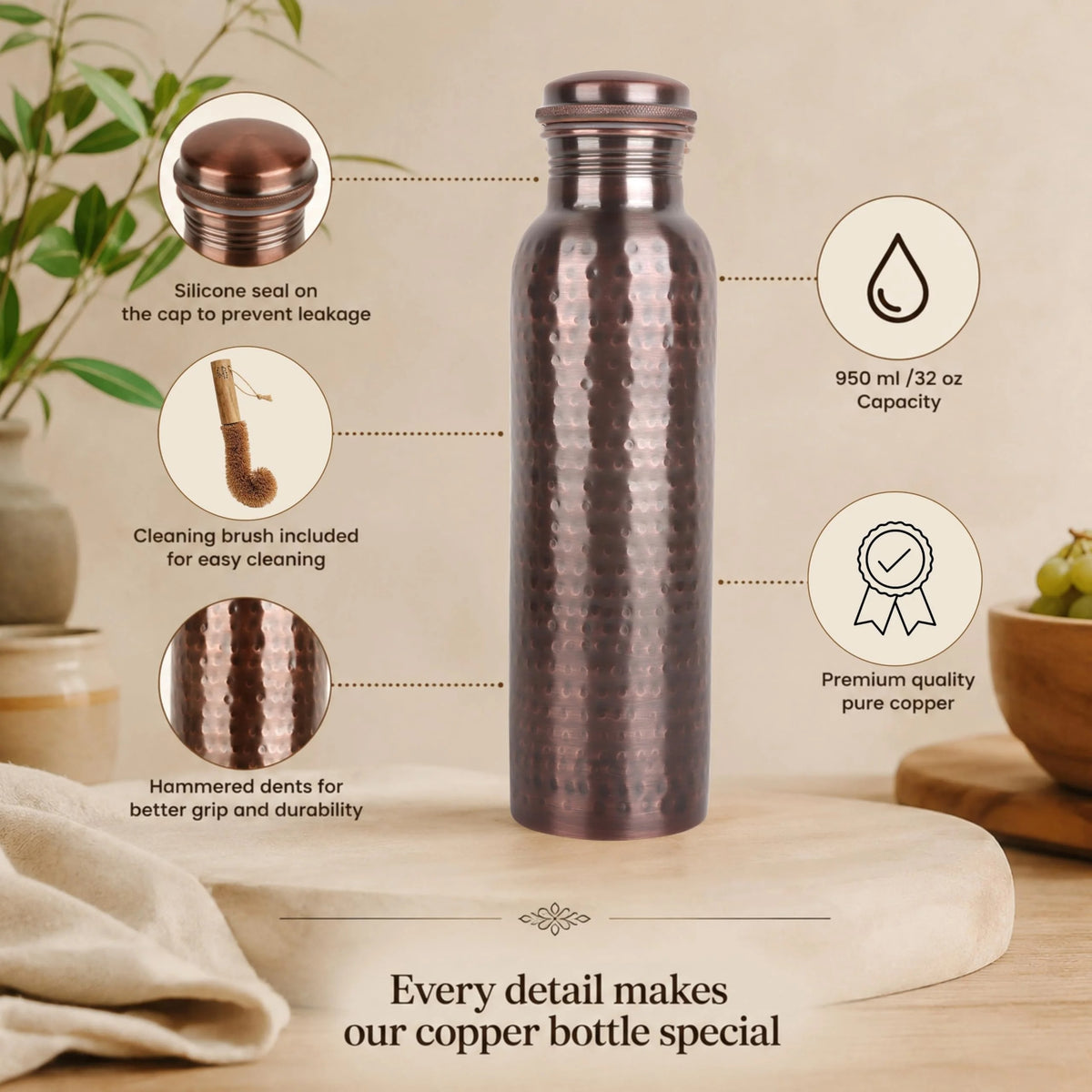 Copper Water Bottle 34 Oz Extra Large, Real Water Bottle, Pure Copper Drinking Bottle, Antique Hammered Ayurvedic Bottle for Drinking Water, Leak Proof Cap with Cleaning Brush