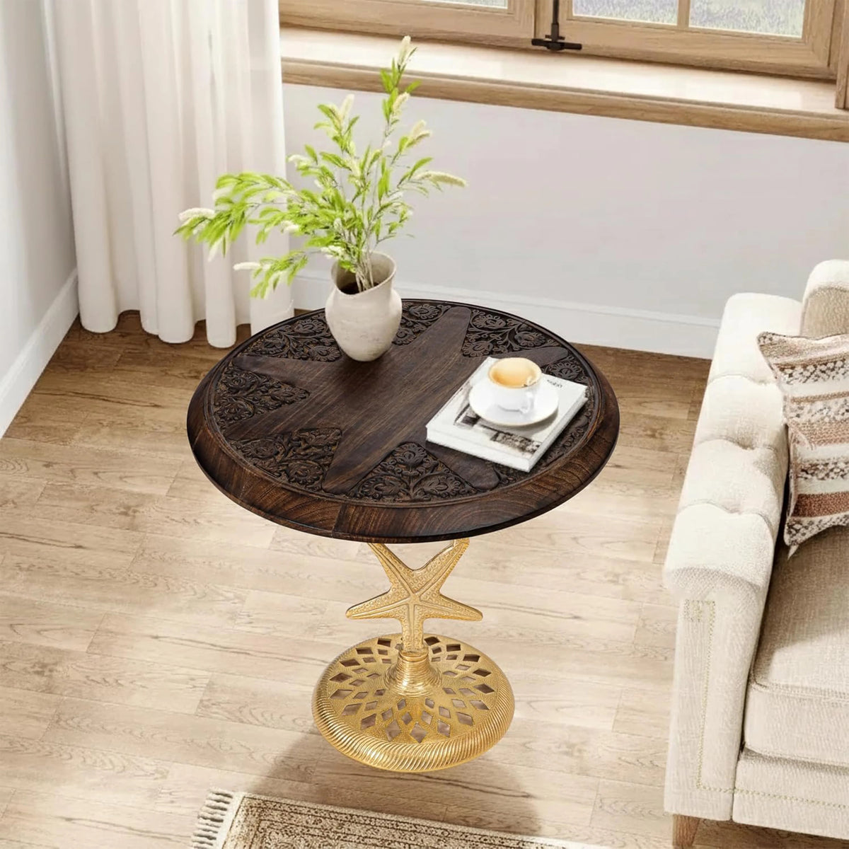 Solid Wood Round End Table with Gold Metal Base, Accent Side Table for Living Room, Bedroom & Small Spaces, Handcrafted Modern Nightstand, Walnut Finish