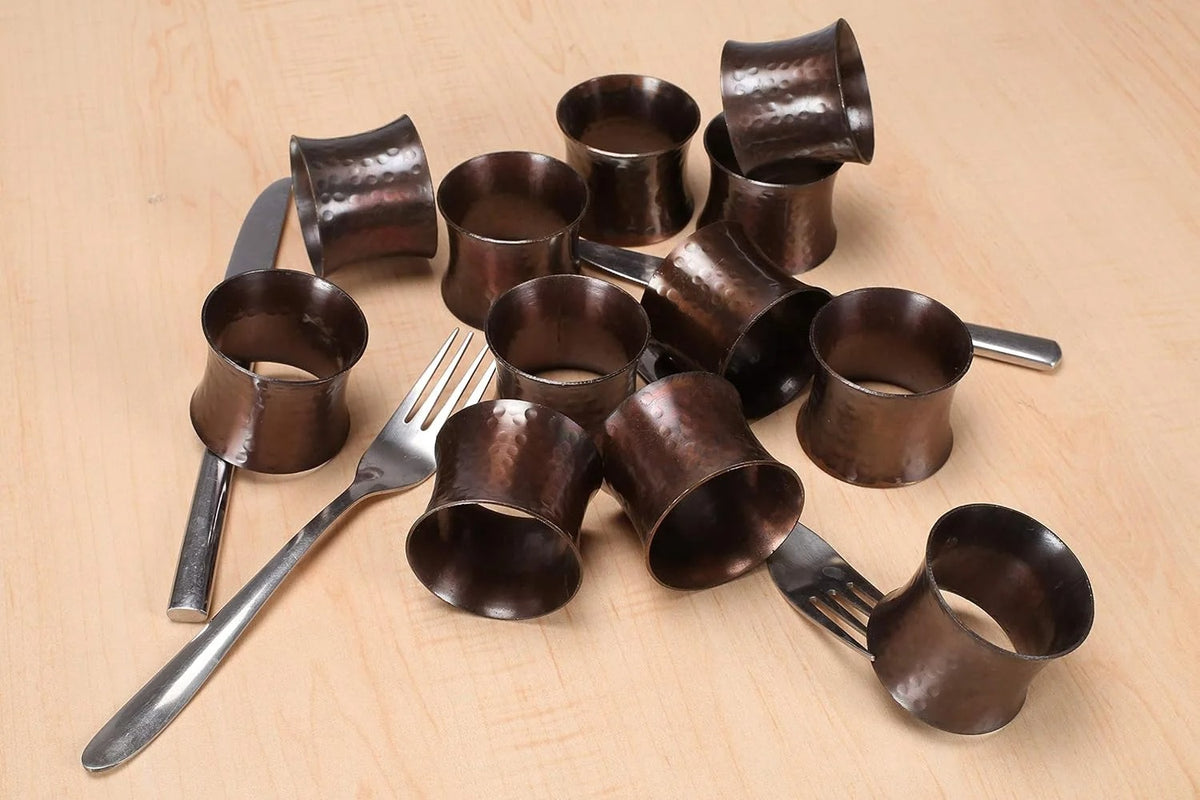 Decorative Metal Drum Napkin Rings Set of 12 - Modern Napkin Holders, Hammered Napkin Rings for Party Decoration, Dinning Table, Everyday, Family Gatherings (Bronze) - ALPHA Living HOME